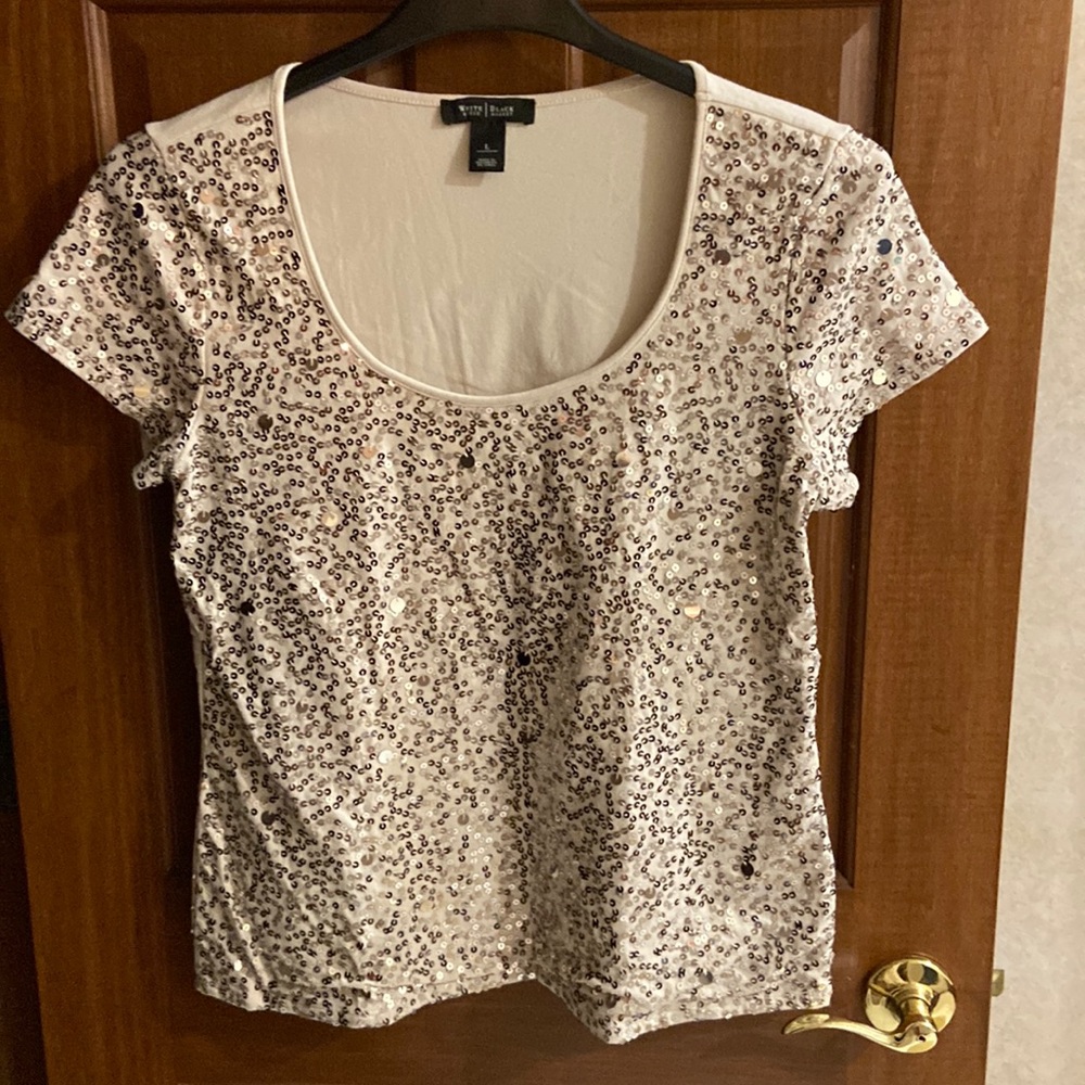 White House Black Market, Cream with Silver and Platinum Sequins, Sz Large